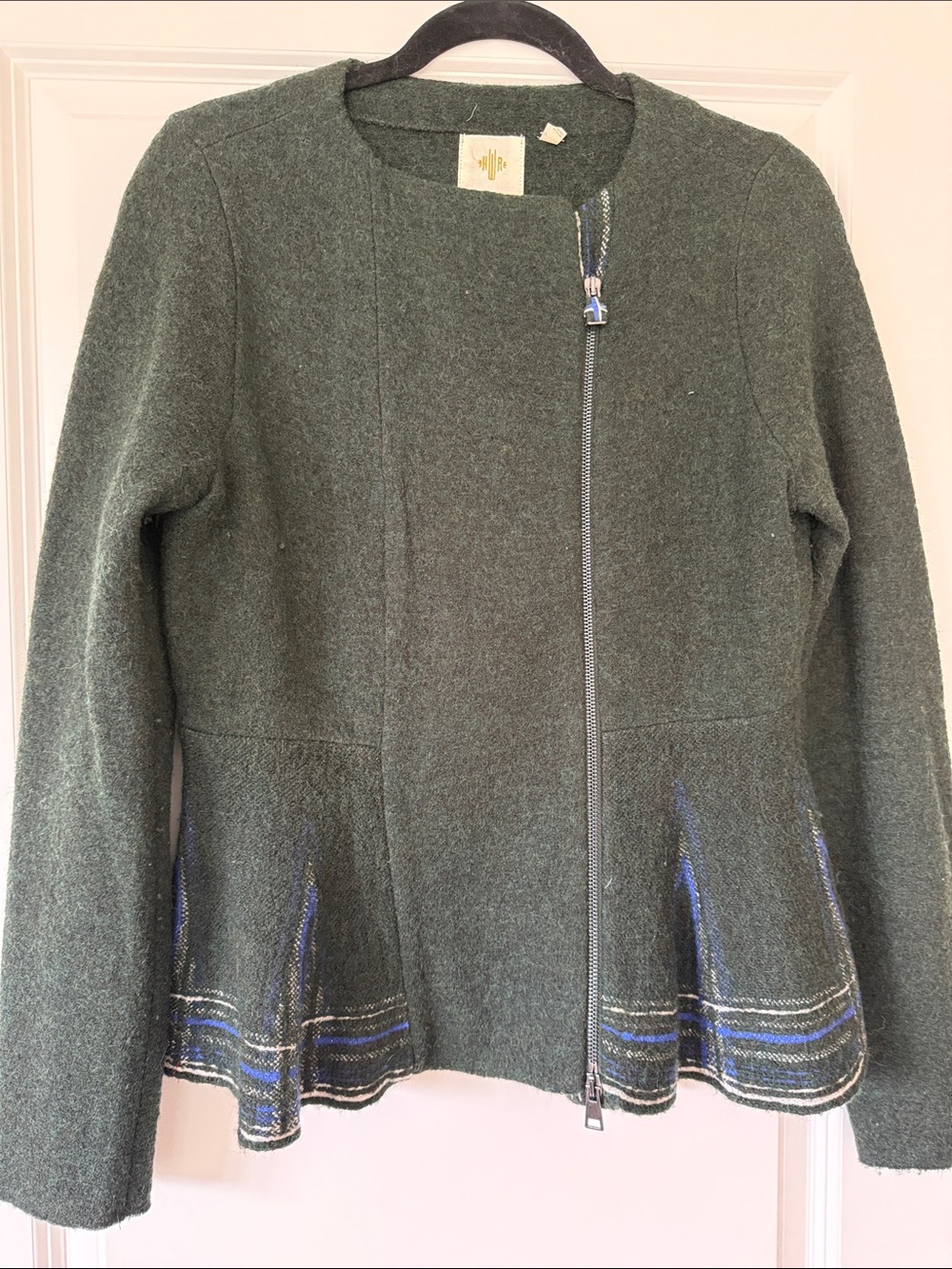 EUC Shire Boiled Wool Blend Dark Green Zip-Front Blazer Size Small